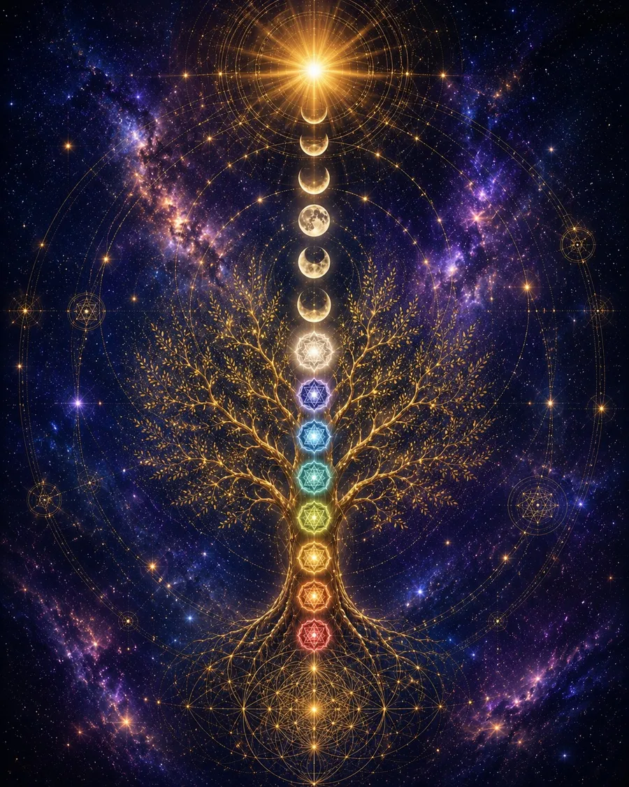 Árvore dos chakras com geometria sagrada estelar
